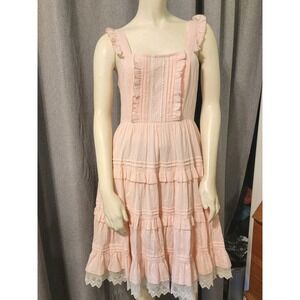 Pink Ruffled Tiered Babydoll Lolita Lolitimes Dress Lace Trim Cottage Fairy Sz L